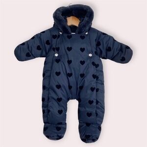 Jacadi Paris Puffer Snowsuit Navy Blue Flocked Hearts Baby Bunting Size 3 Months
